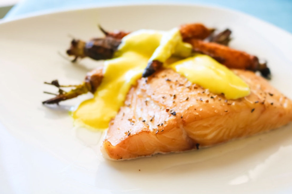 Smoked halibut with caramelized carrots and turmeric hollandaise